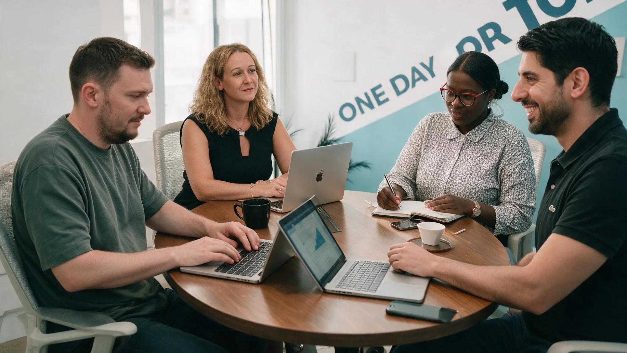 Four Pacific54 team members working together around the office table